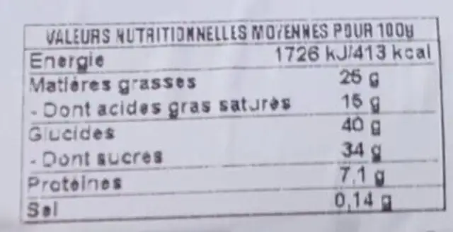 Fondants de chocolat nutrition facts table