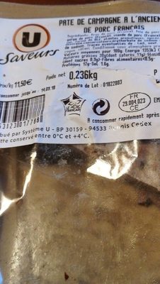 Pâté de campagne à l'ancienne de porc français front packaging