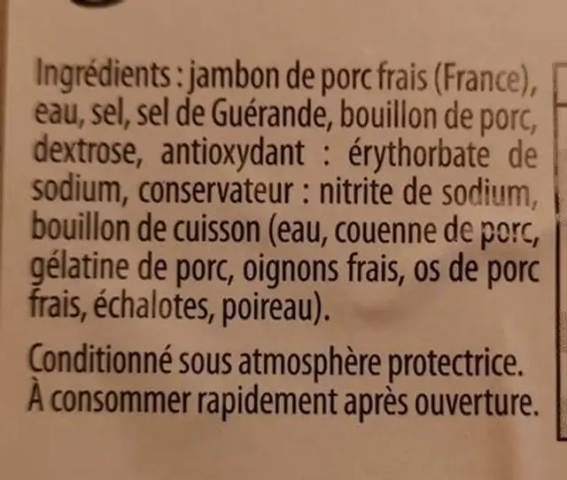 Jambon à l'ancienne ingredients label