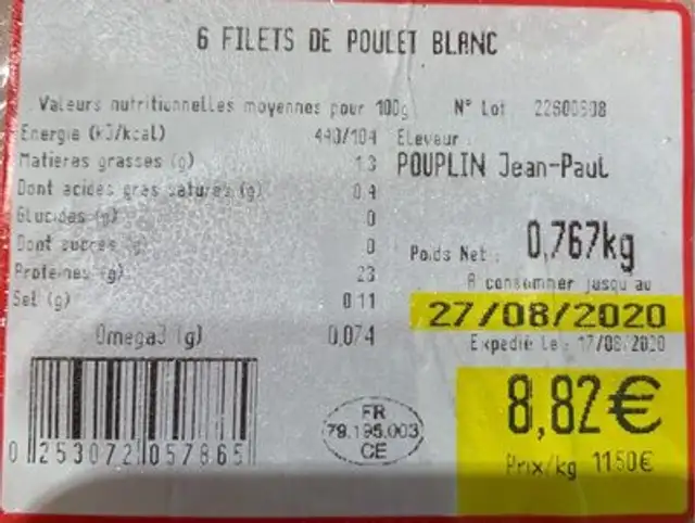 Filet de Poulet nutrition facts table