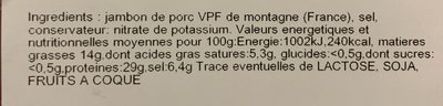 Chiffonnade de jambon sec VPF de montagne ingredients label