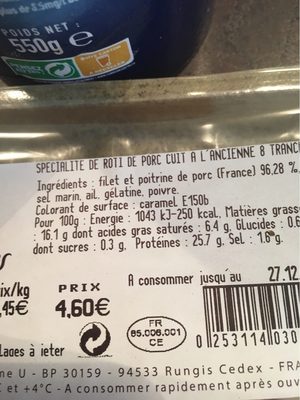Roti de porc cuit nutrition facts table