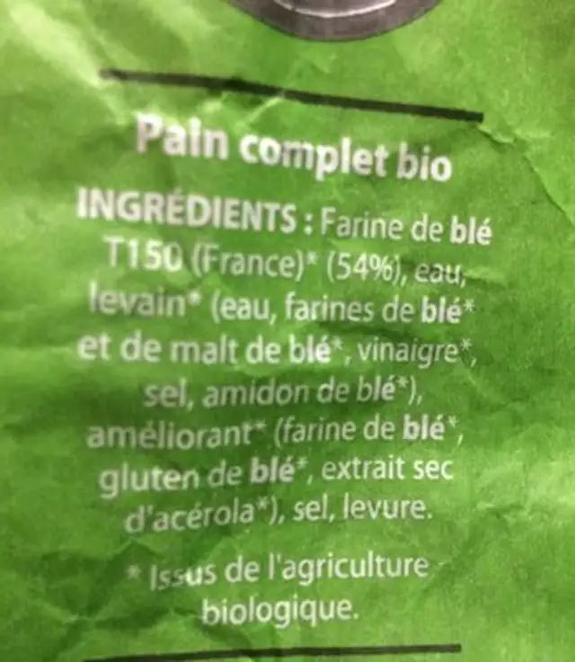 Pain complet bio ingredients label