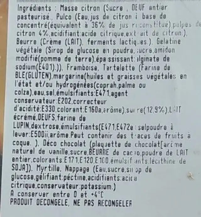 Tarte au citron ingredients label