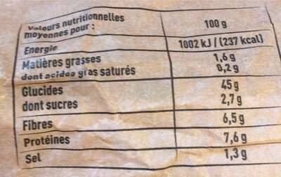 Pain complet bio nutrition facts table