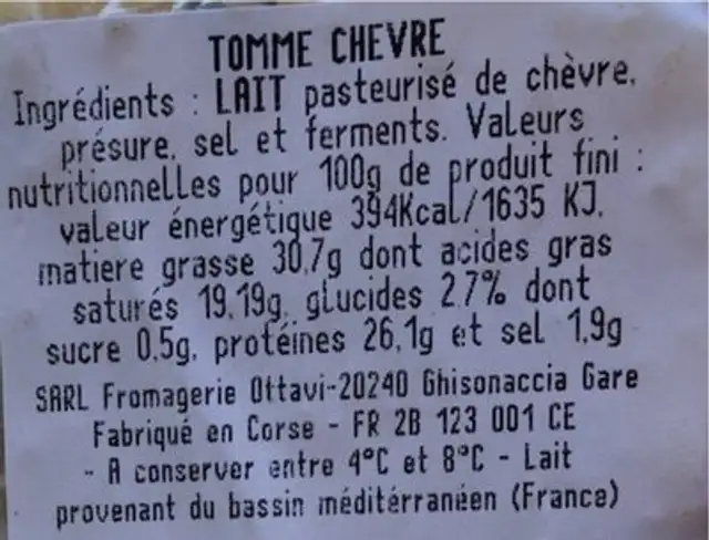 Tomme de chevre nutrition facts table