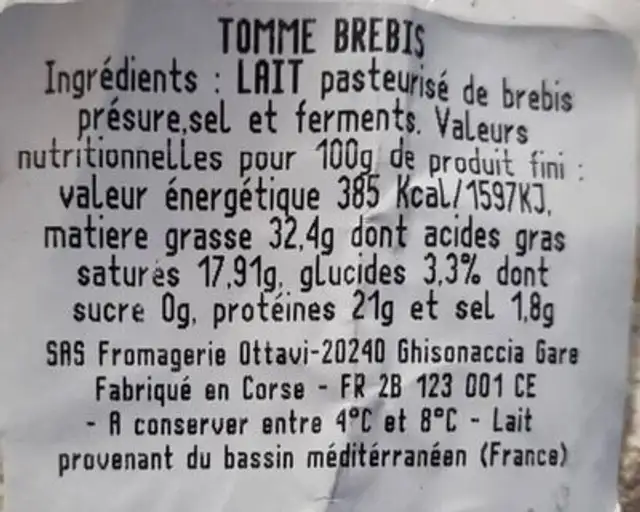 Tomme de brebis antoine ottavi nutrition facts table