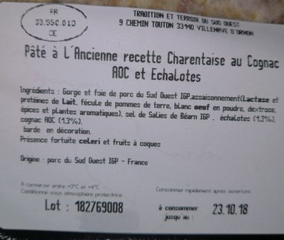 Pâté à l'ancienne recette charantaise au cognac AOC et échalotes ingredients label