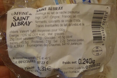 L'affiné Saint-Albray ingredients label