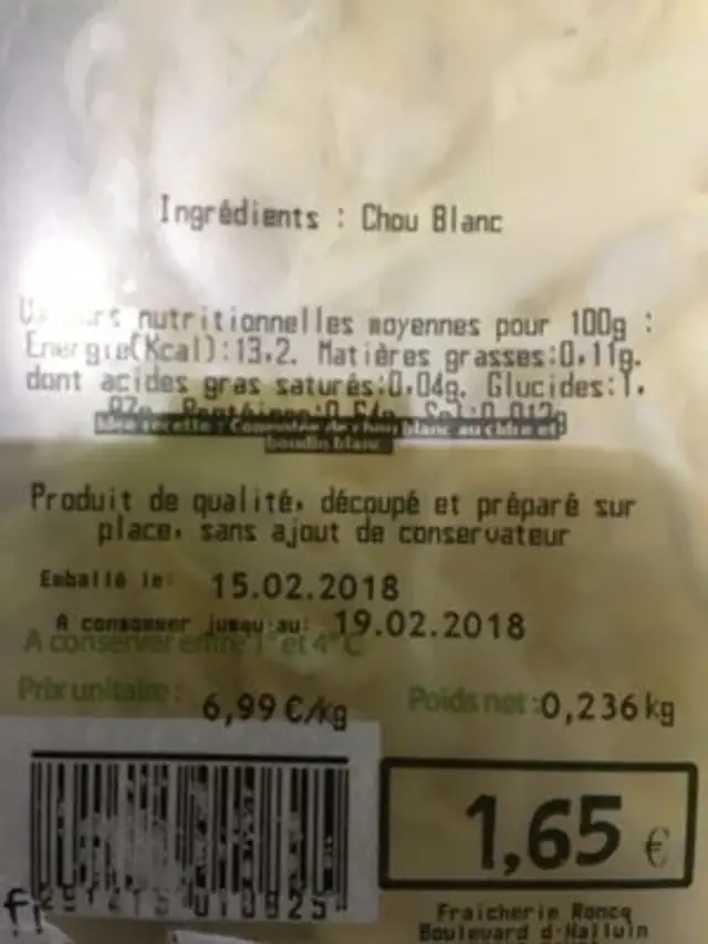 Chou blanc émincé ingredients label