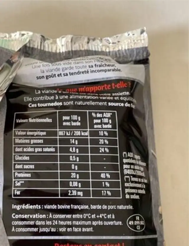 Tournedos dans le filet nutrition facts table
