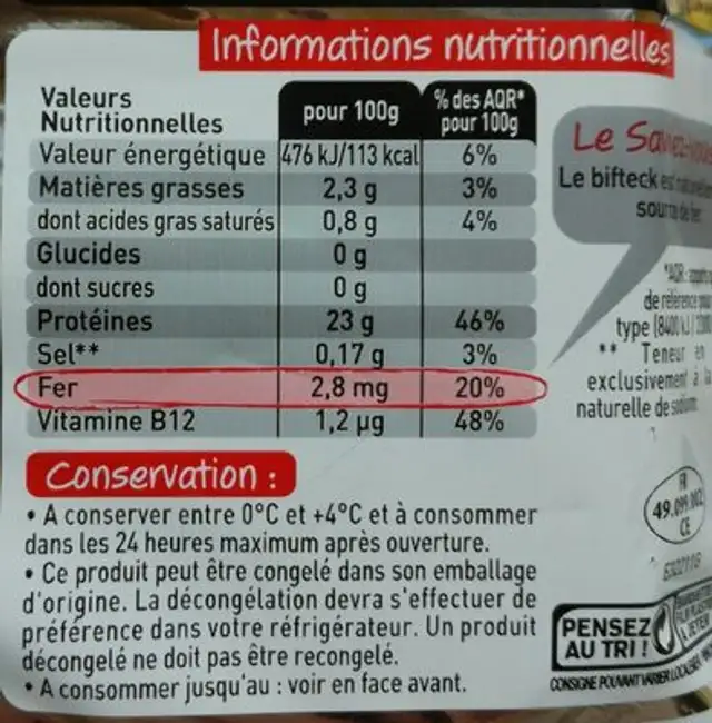 2 Biftecks ingredients label