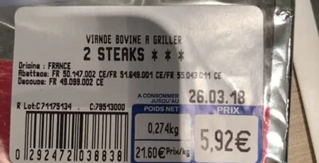 Biftecks ingredients label