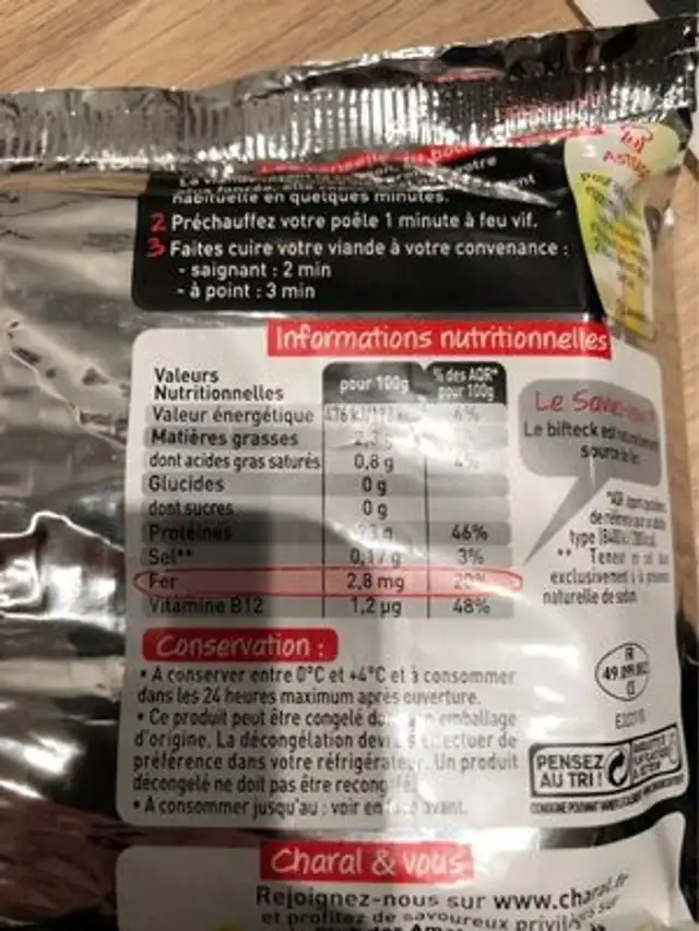 Biftecks nutrition facts table