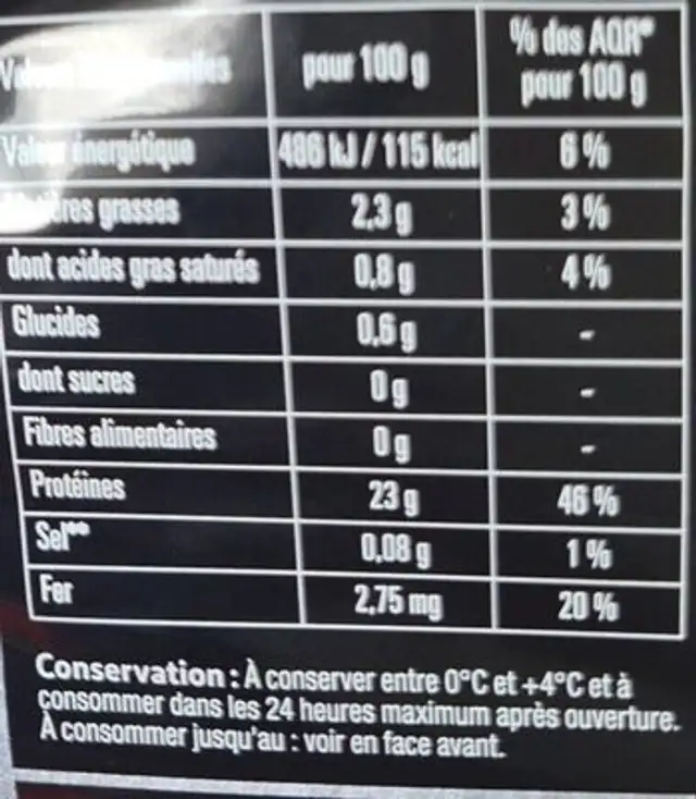 Bifstecks Charal nutrition facts table