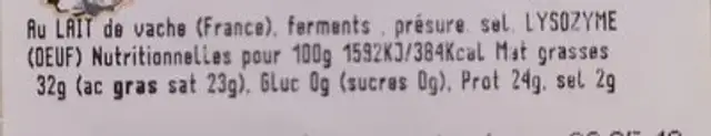 BETHMALE LAIT CRU ingredients label