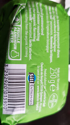 Beurre de baratte doux, issu de l'agriculture biologique