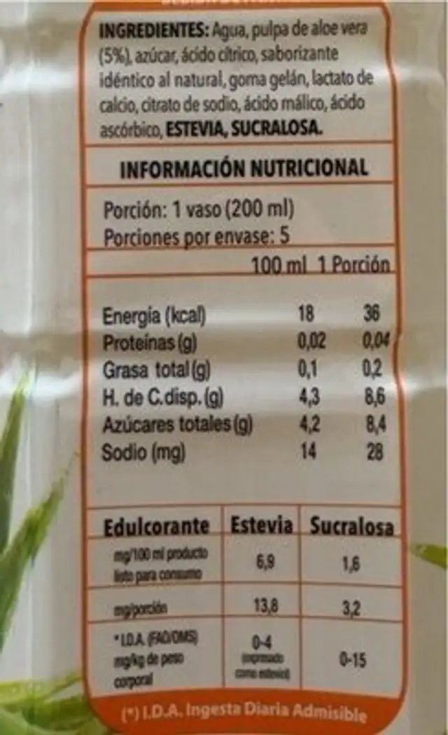 Bebida de aloe vera nutrition facts table