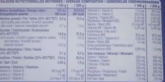 Purée petits pois nutrition facts table