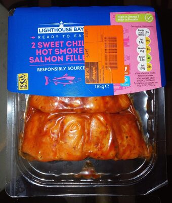 Ready to Eat 2 Sweet Chilli Hot Smoked Salmon Fillets front packaging