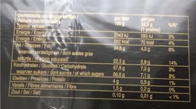Belgian seashells nutrition facts table