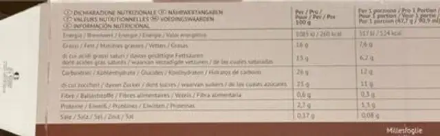 Millesfoglie vaniglia nutrition facts table