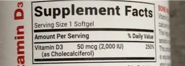 Vitamin D3 nutrition facts table