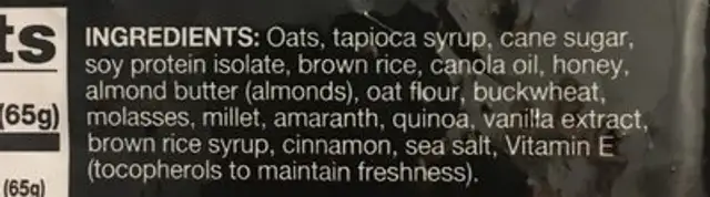 Almond Butter Clusters ingredients label