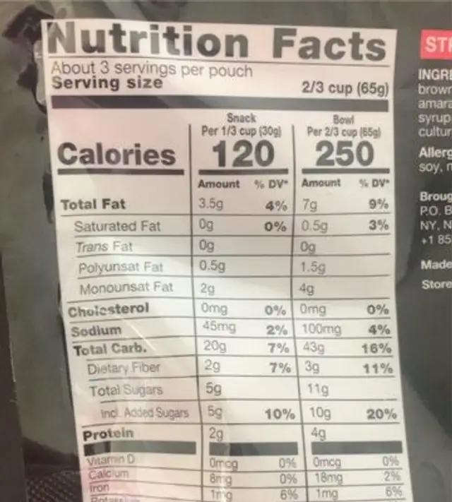 Strawberry probiotic clusters nutrition facts table