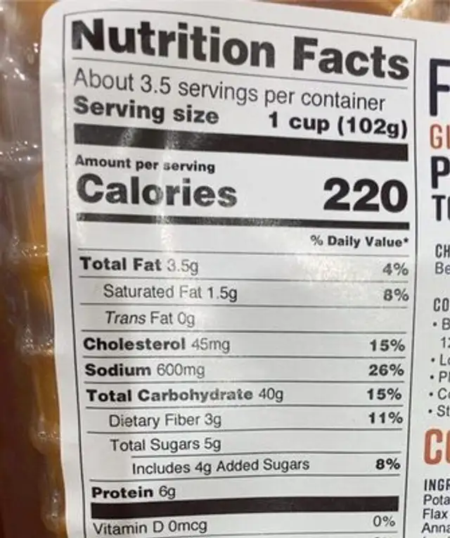 Gluten-Free Pumpkin Tortelloni nutrition facts table