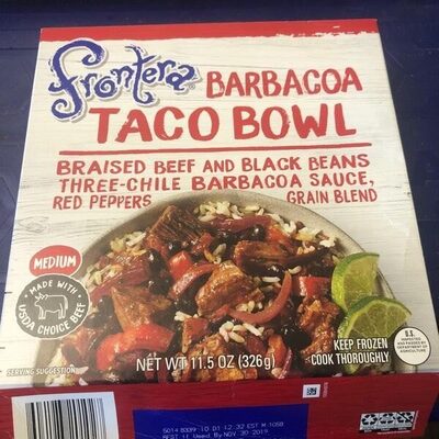 Medium barbacoa braised beef and black beans, three chile barbacoa sauce, grain blend & peppers taco bowl, barbacoa