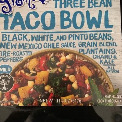 Mild 3 bean & grain blend, new mexico chile sauce, peppers, onions, plantains, chard & kale taco bowl, 3 bean