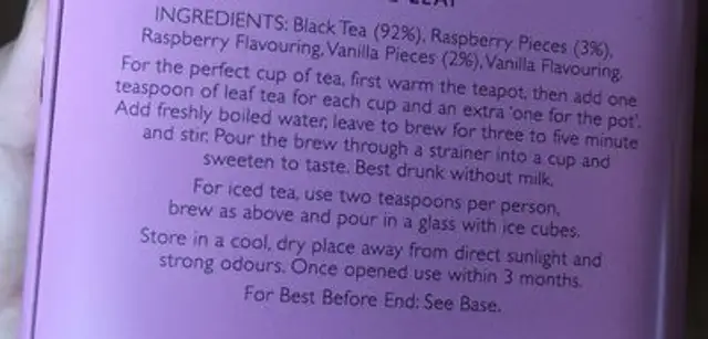 Rapsberry & vanilla ingredients label