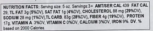 Fresh pasta sheets nutrition facts table
