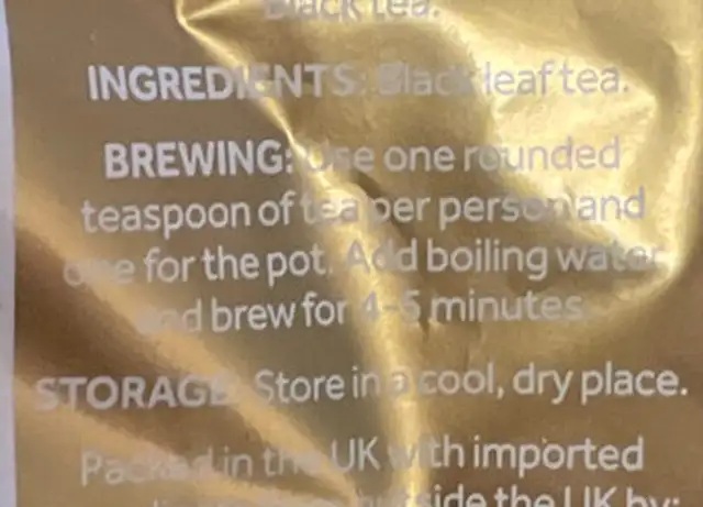 Yorkshire Gold Leaf ingredients label