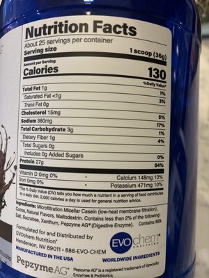 Casein 100% Micellar Casein Protein Coconut nutrition facts table