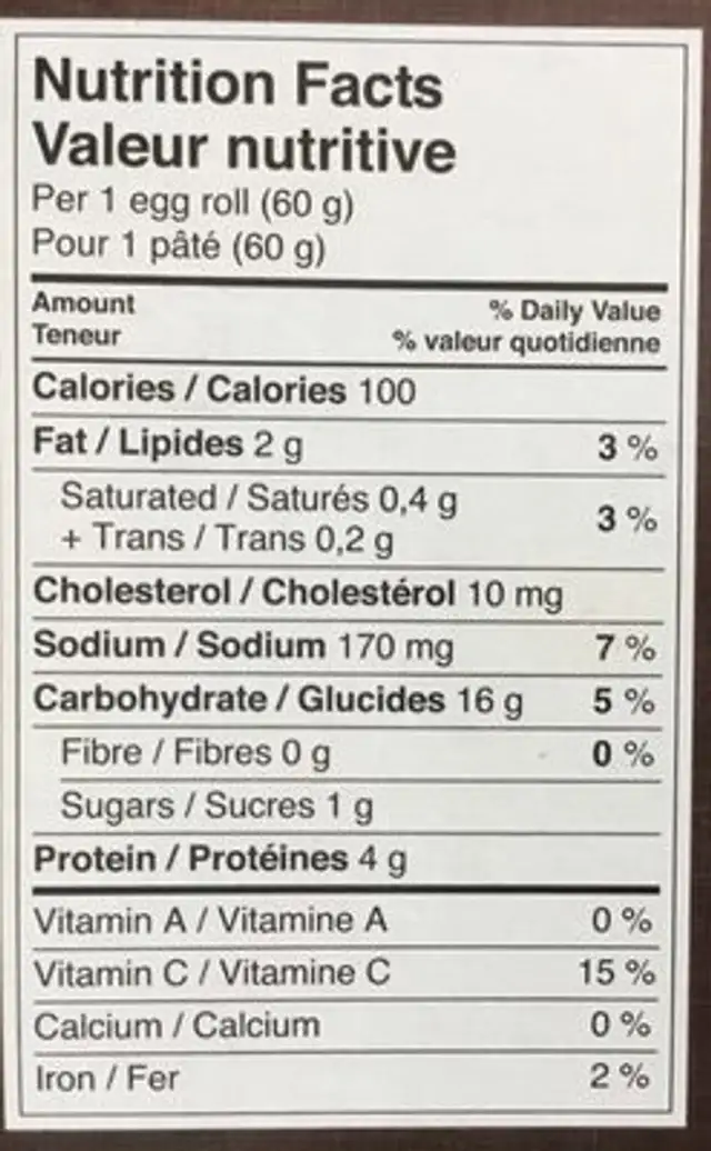 Pâtés Impériaux au poulet nutrition facts table