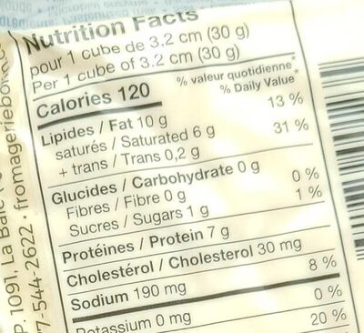 Fromage cheddar nutrition facts table