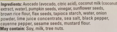 Avocado Crisps, Guacamole ingredients label