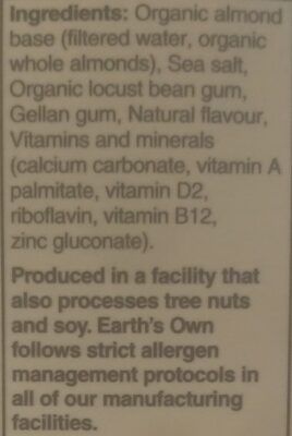 Organic almond base ingredients label
