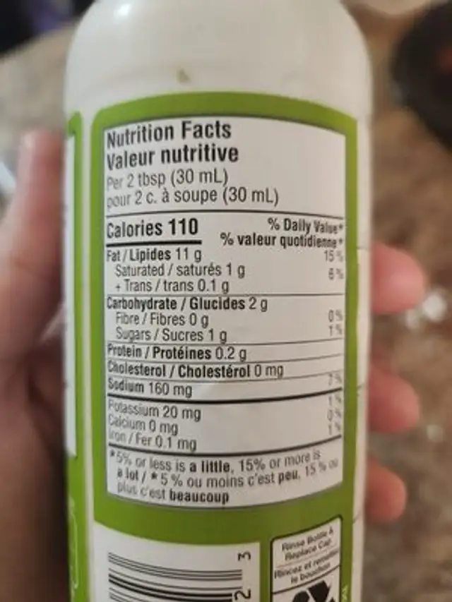 Plant Based Ranch nutrition facts table