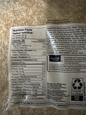 100% Whole Wheat Tortillas nutrition facts table