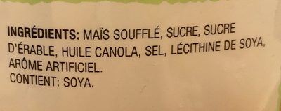 Pop Corn Sirop D'Érable ingredients label