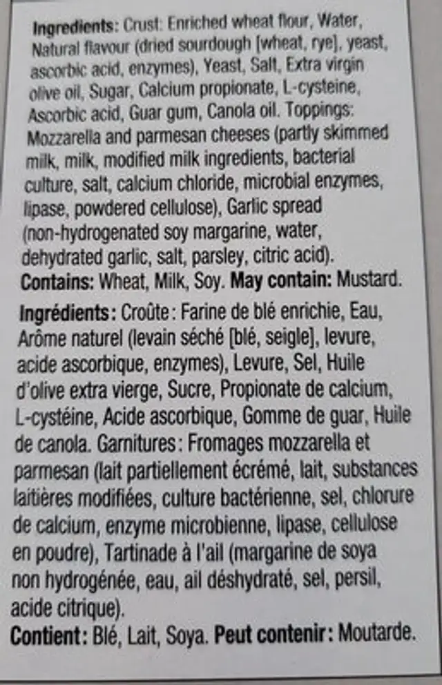 Garlic Cheese Fingers ingredients label