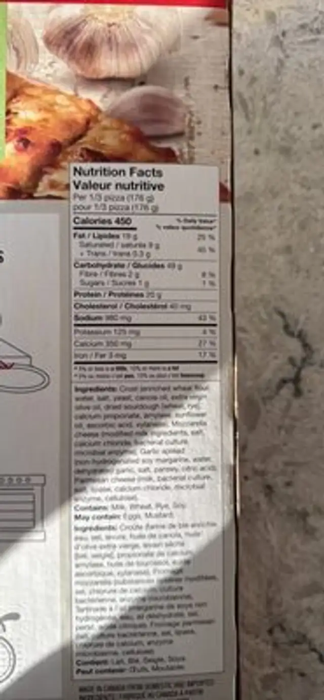 Garlic Cheese Fingers nutrition facts table