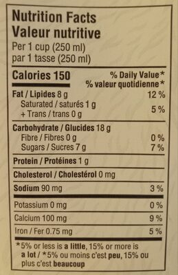 Oat Milk nutrition facts table
