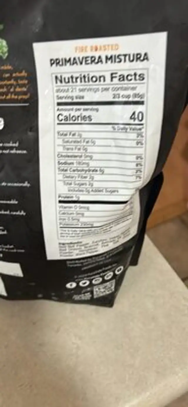 Fire Roasted Primavera Mistura nutrition facts table