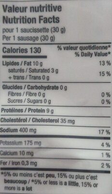 Saucissettes du Kamouraska nature nutrition facts table