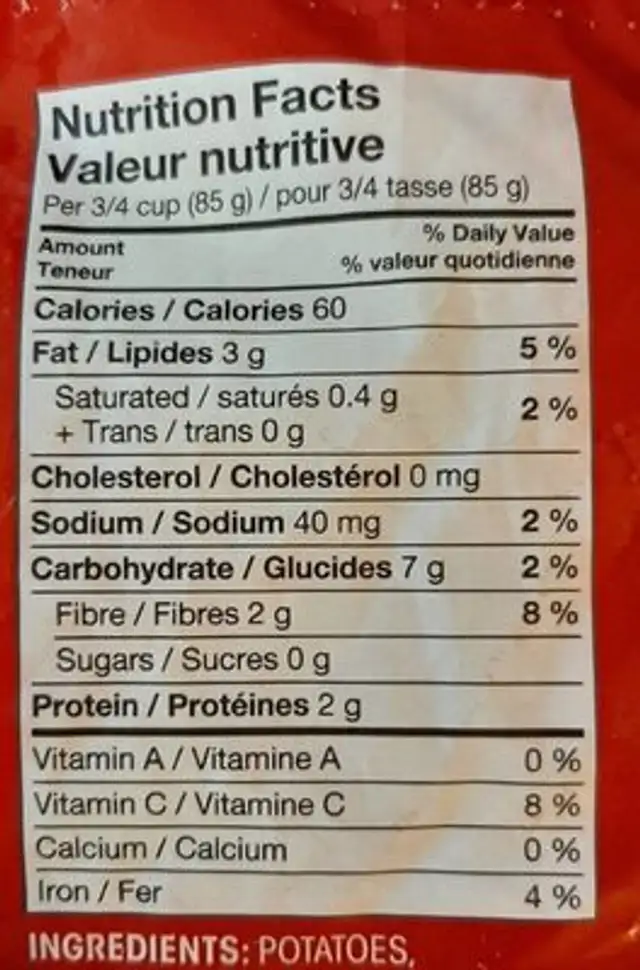 Hashbrown Potatoes nutrition facts table