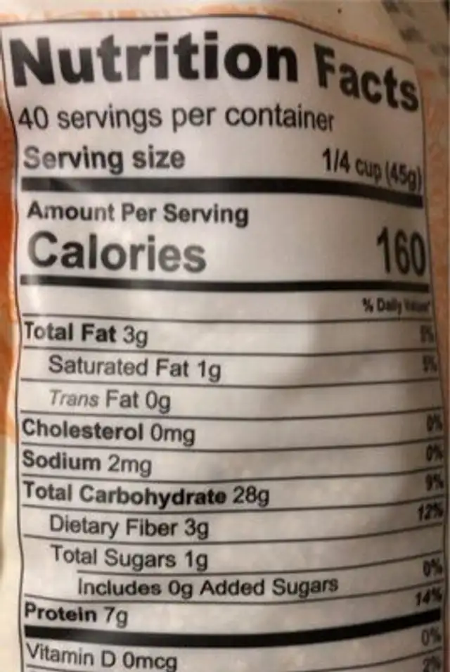 Golden quinoa nutrition facts table